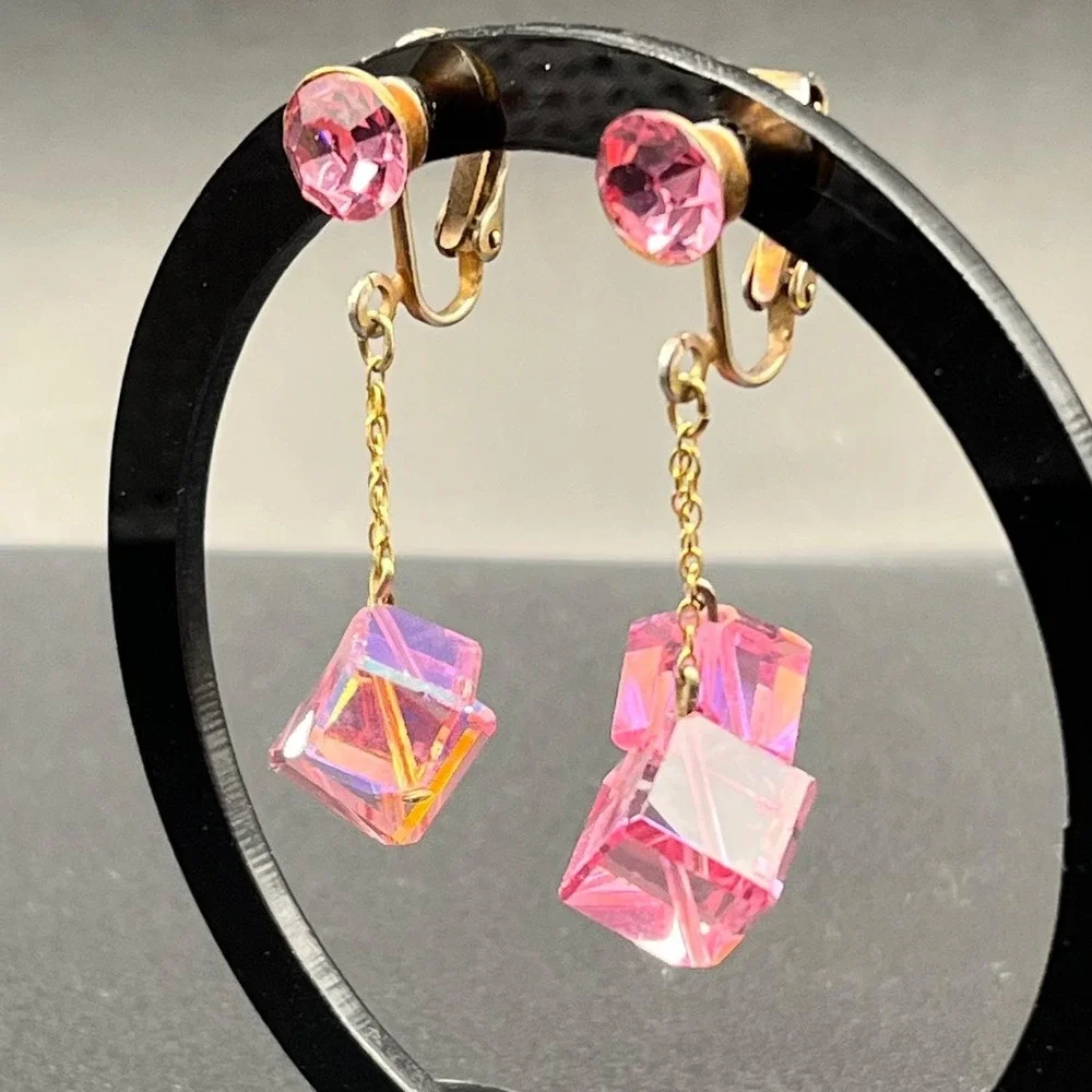 Vintage Pink AB Crystal‎ Cube Clip On Earrings Mid Century Geometric Drop 2